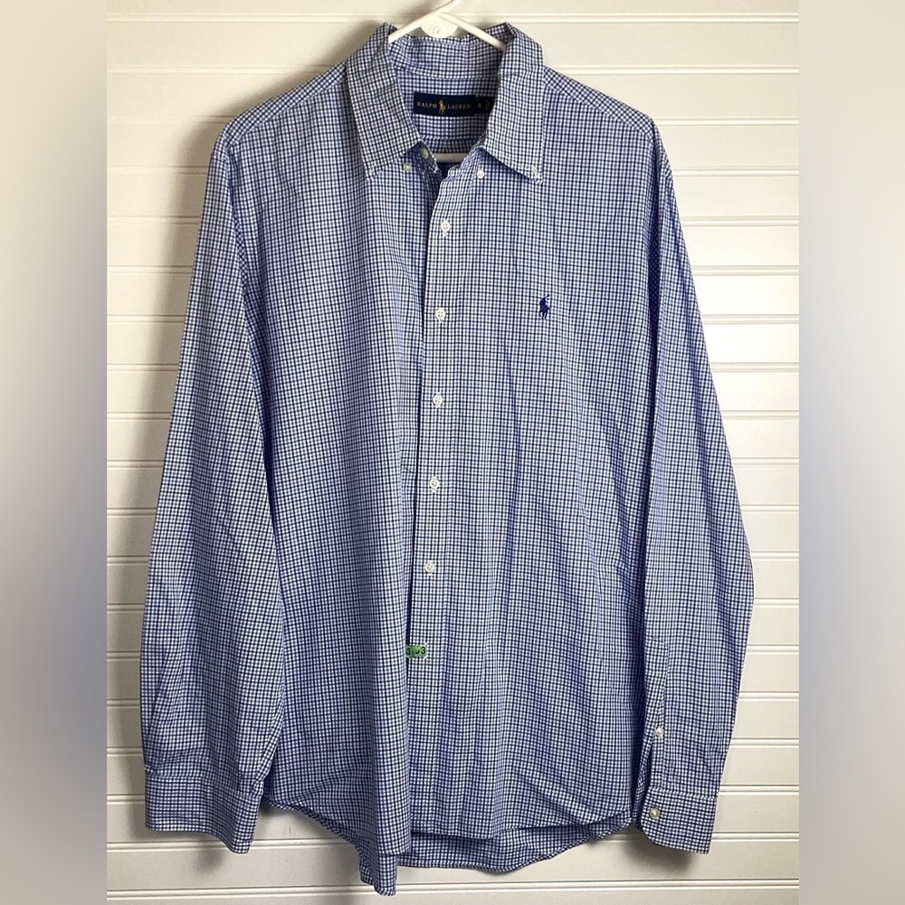 RALPH LAUREN Men's XL Gingham Blue 100% Cotton Long Sleeve Shirt Polo Check